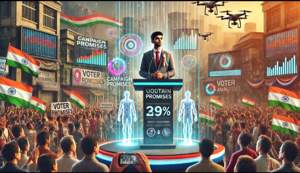 Young Indian leader using AI-powered visuals and technology during a political rally, addressing a diverse crowd with campaign slogans and holographic projections