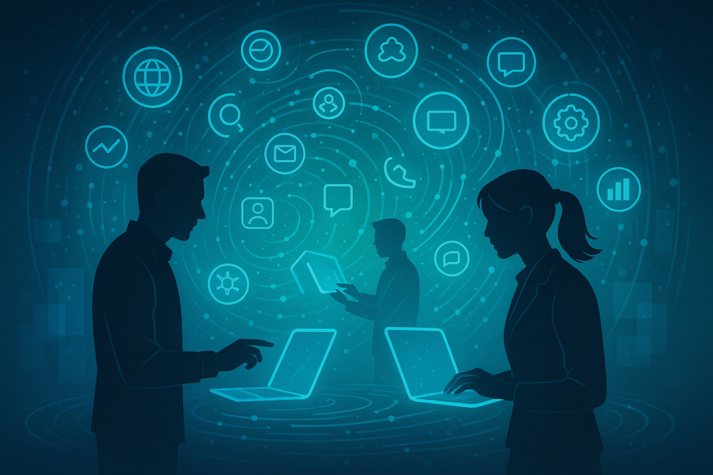 Abstract illustration of employees using their own AI tools at work with swirling digital icons.