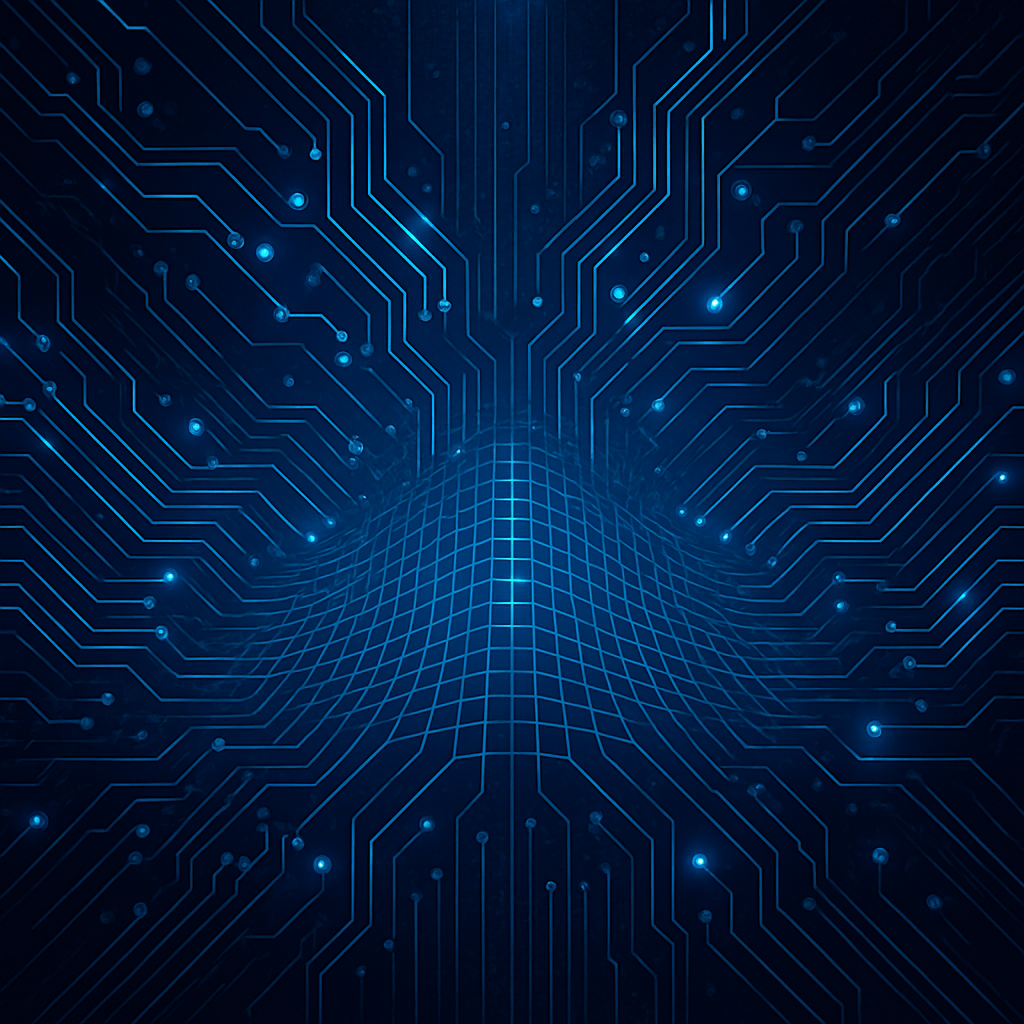 Digital circuit grid representing AI reasoning and scale